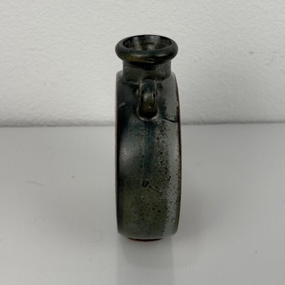 Vintage MCM Handcrafted Ceramic Flask Vase Domino Daisy Handle Orange 4” - Picture 2 of 5